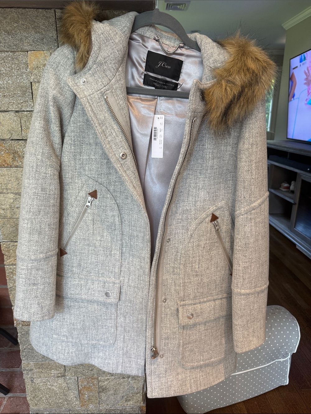 J. Crew Light Gray Wool-Blend Hooded Pea Coat with Faux Fur Trim
